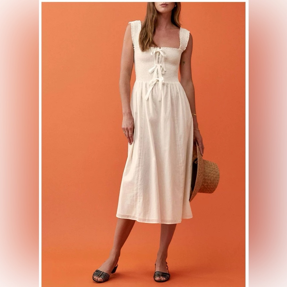 Brand new Reformation Elegant Cream Midi Dress front bow